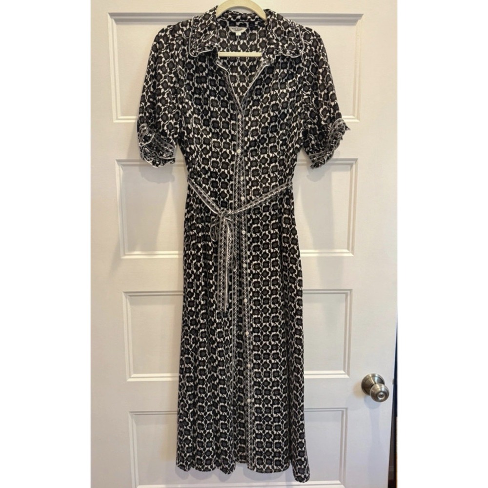 Max Studio London Dress M Black White Floral Midi Maxi Belted Button Front